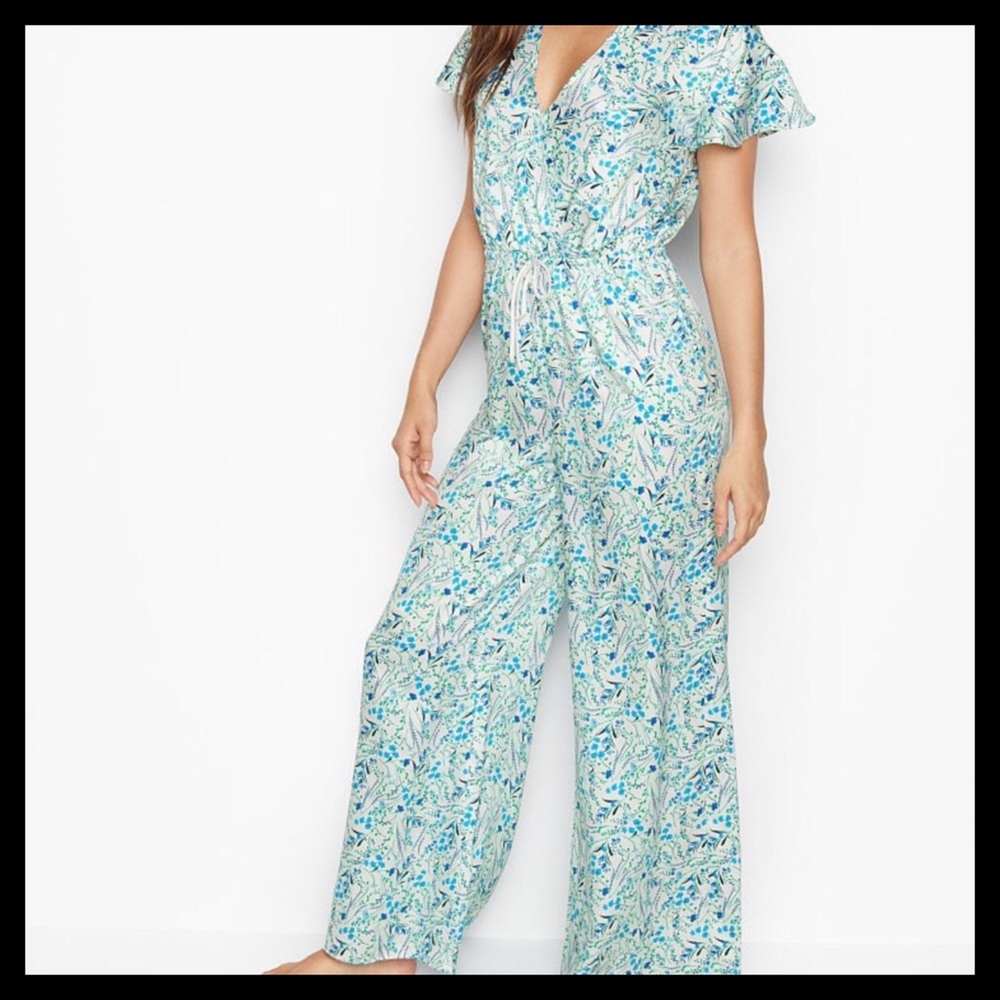 VICTORIA'S SECRET Satin Ruffle Jumpsuit Blue